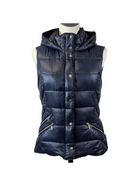 Zara Trafaluc Hooded Puffer Vest Womens Size S Blue Snap Zip Pockets Black Trim